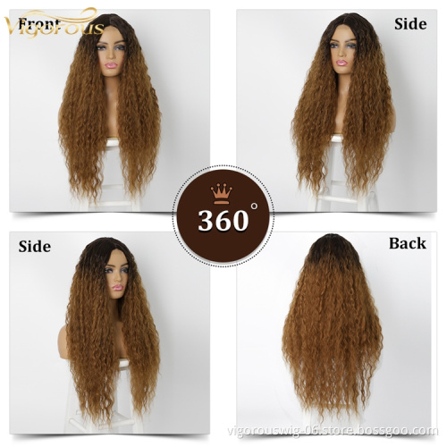 Vigorous Hot Sale Cheap Nature Lace Front Ombre Brown Long Fiber Wig Kinky Curly Wavy Synthetic Hair Wigs For Black Women
